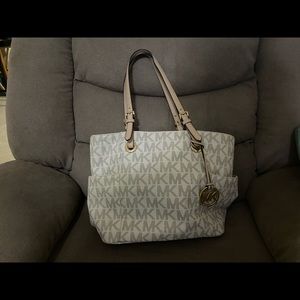 Michael Kors Tote Purse with MK stamp in cream and tan